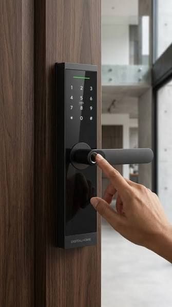 Black smart door lock with an illuminated number keypad and lever handle on a wooden door
